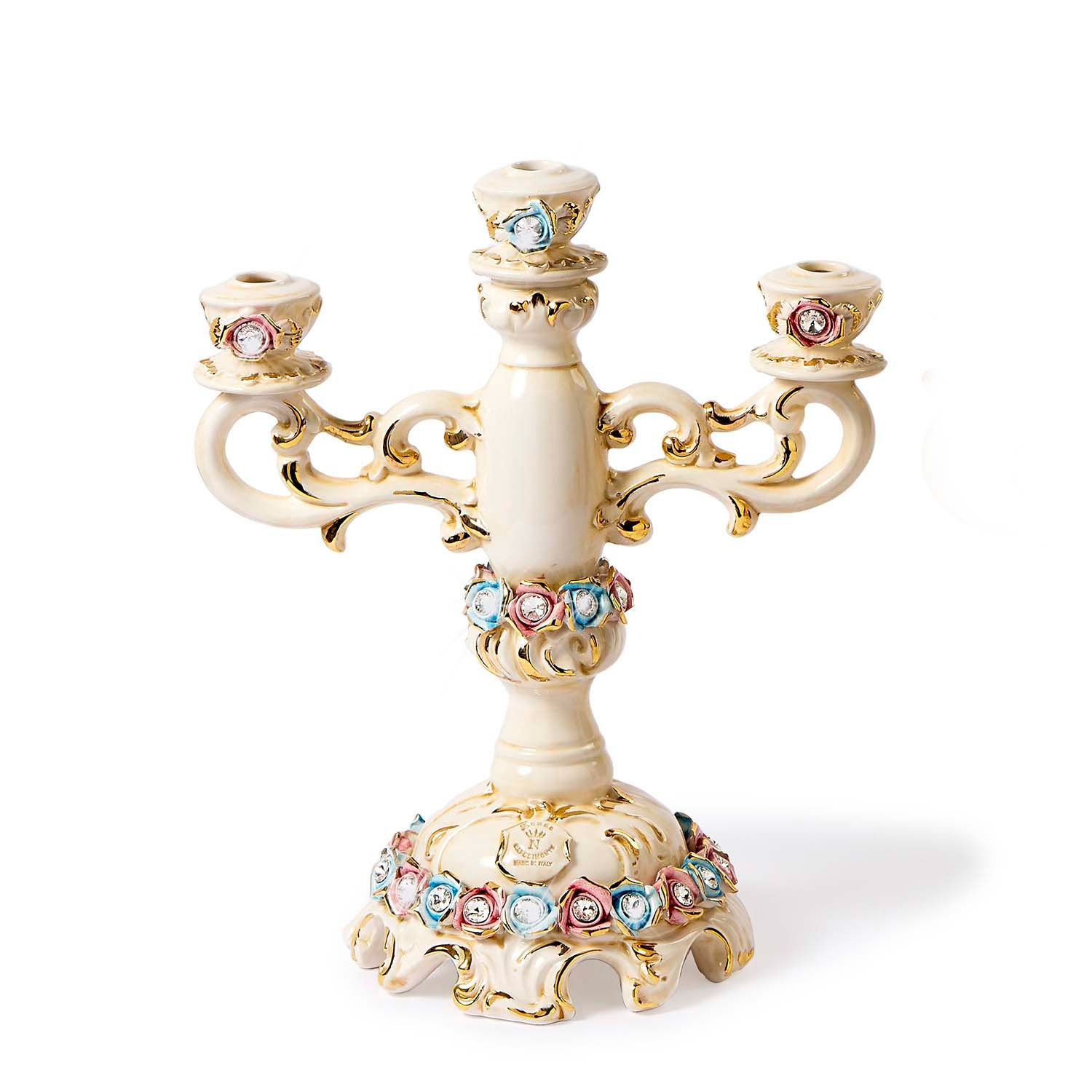 Capodimonte Candlestick with Two-Colored Roses