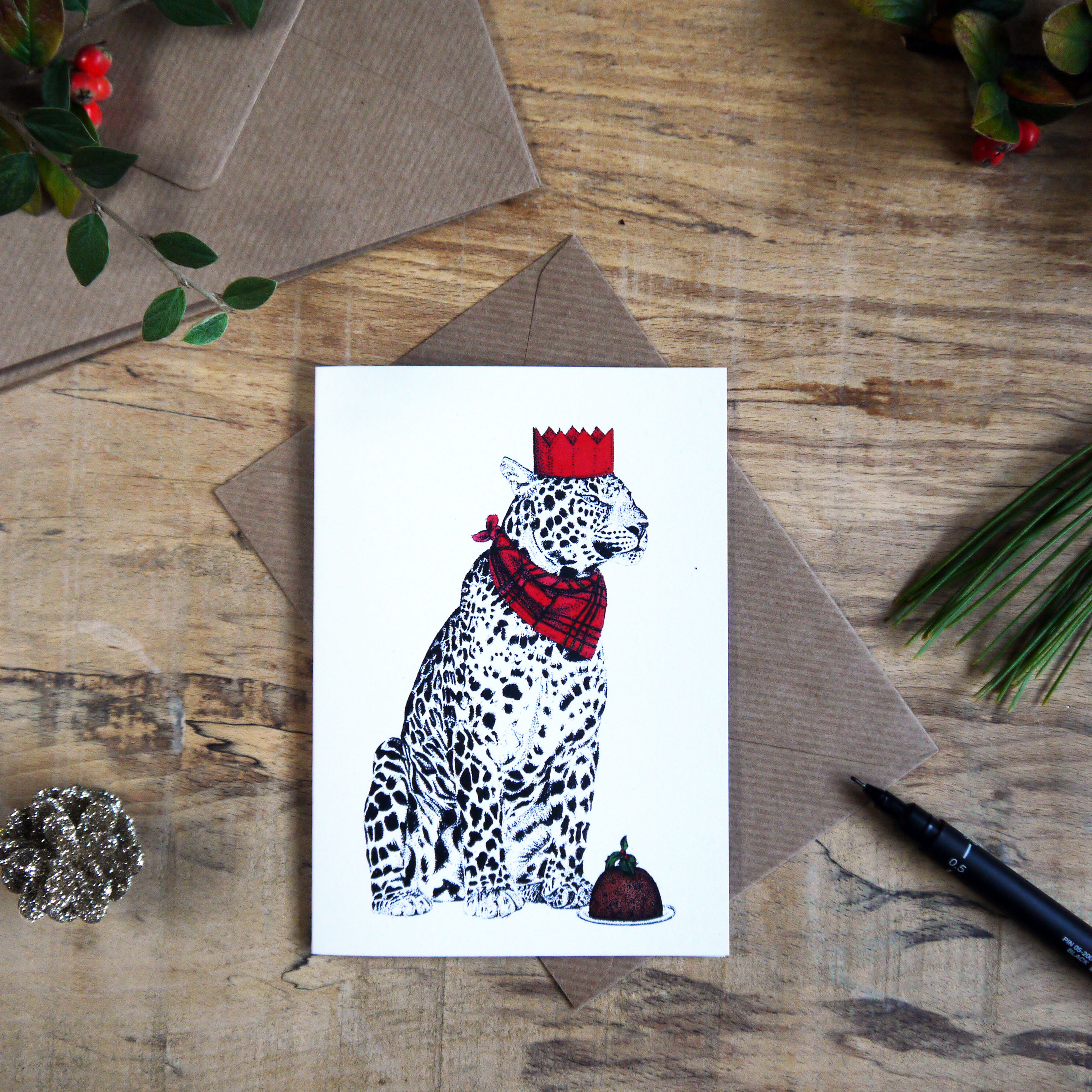 Leopard with Christmas Pudding Christmas Greetings Card