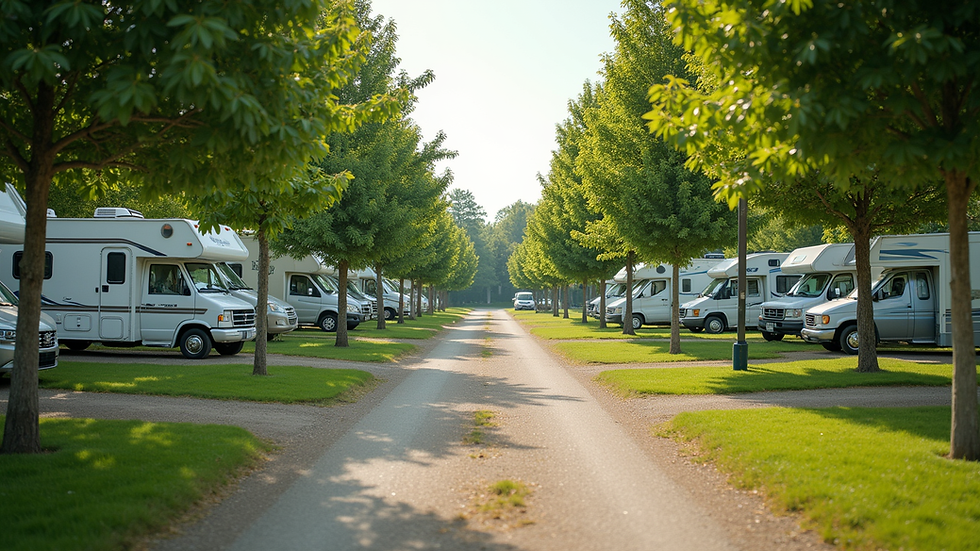 Wide angle view of a well-maintained RV park with lush greenery