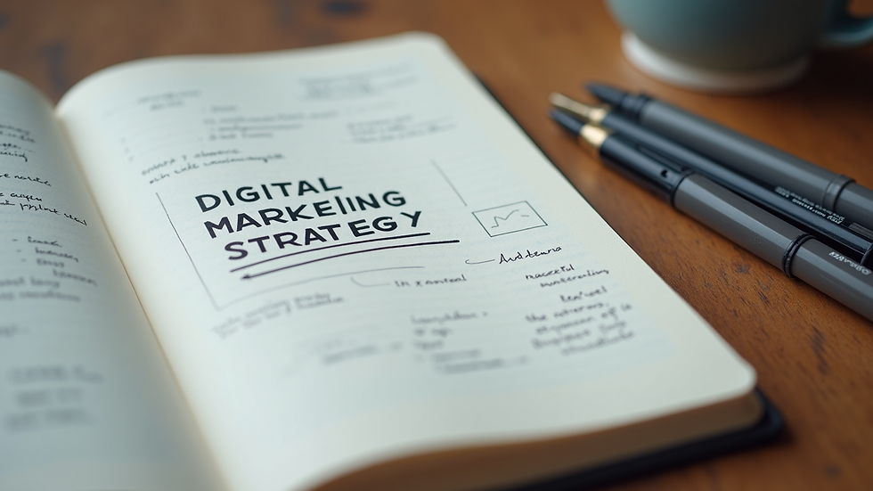 High angle view of a notebook with digital marketing strategy notes