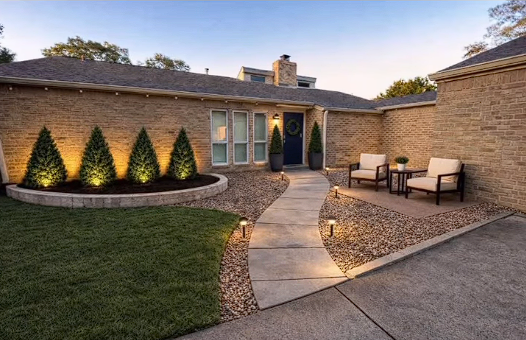 Front yard landscaping project by Landscaping Arts featuring a curved walkway, decorative rocks, landscape lighting, and neatly trimmed shrubs in Houston, Texas.