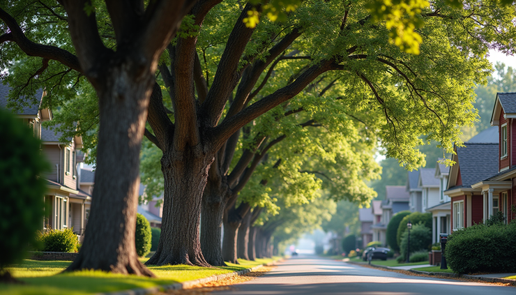 Eye-level view of a mature oak tree lining a quiet street in Chambersburg, Pennsylvania