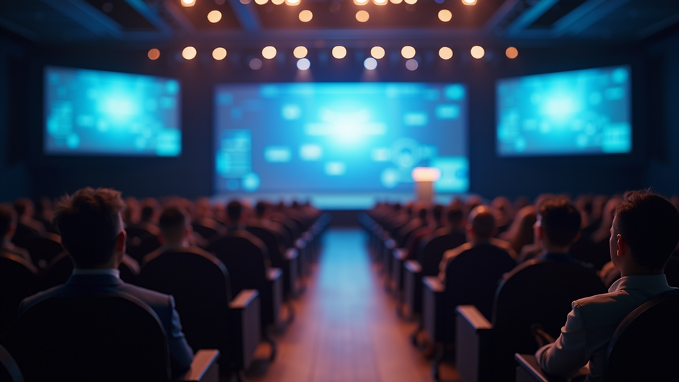 Close-up view of technology conference stage with empty seats