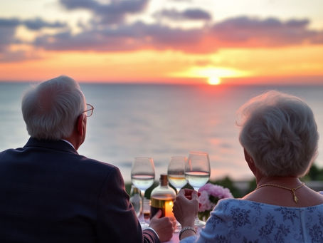 Älteres Ehepaar, dass gemeinsam den Sonnenuntergang über dem Atlantik bestaunt