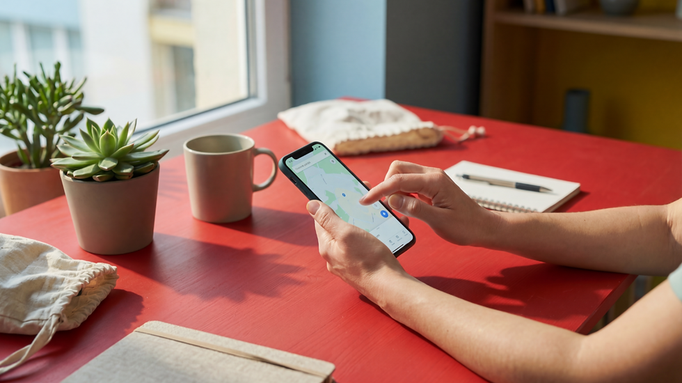Hands use a smartphone with a map on a red desk. Nearby are potted plants, a mug, a notebook, and a window view, creating a calm scene.
