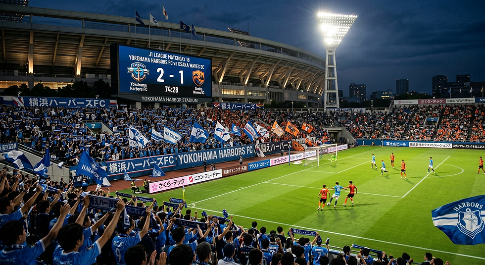 サッカースタジアムでのJリーグの試合風景。サポーターが詰めかけ、スポンサーの看板が並んでいる。