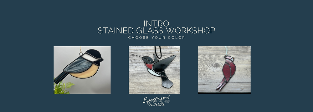 Intro Stained Glass Class featuring bird, candy corn, and pumpkin designs.