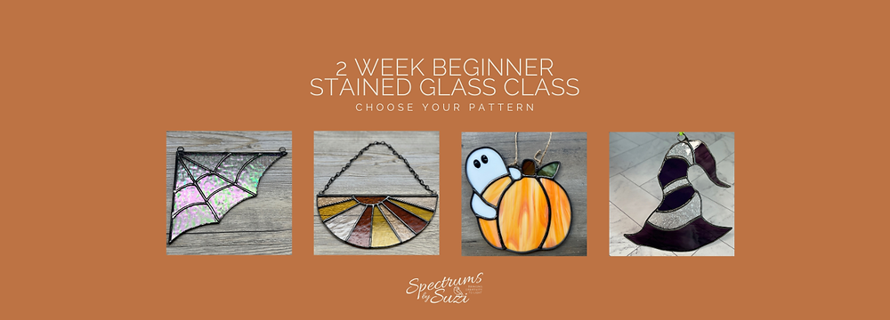 Beginner Stained Glass Class with various stained glass examples, Spectrums By Suzi