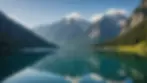 Wide angle view of a calm lake with mountains in the background