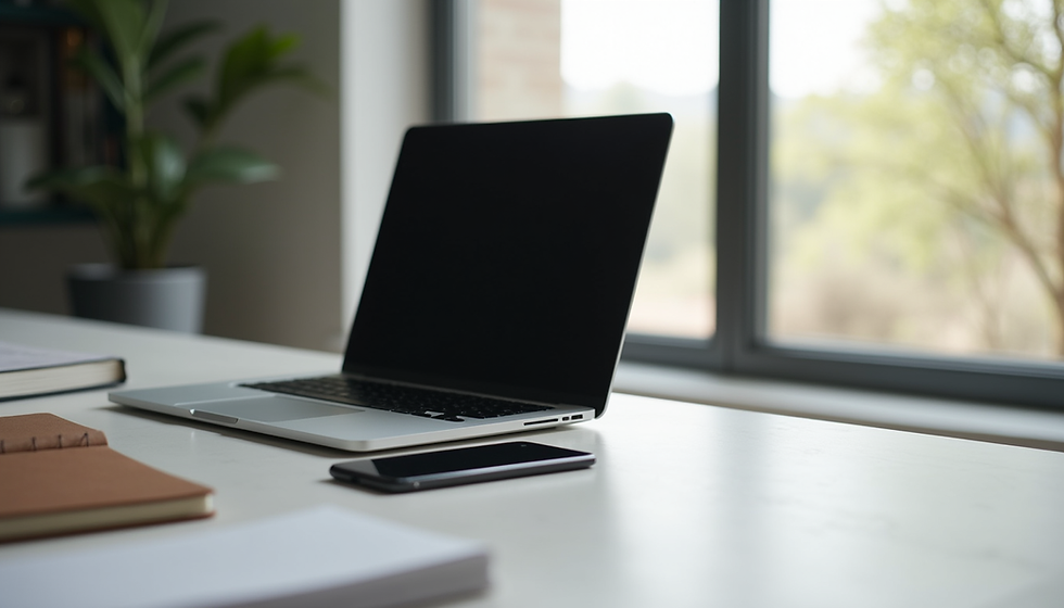 Eye-level view of a minimalist workspace with a laptop and notebook