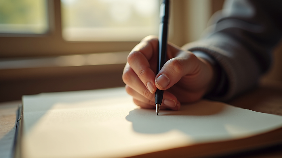 Close-up view of a hand writing in a journal with soft natural light