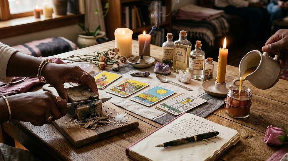 Eye-level view of tarot cards spread on a wooden table with soft candlelight