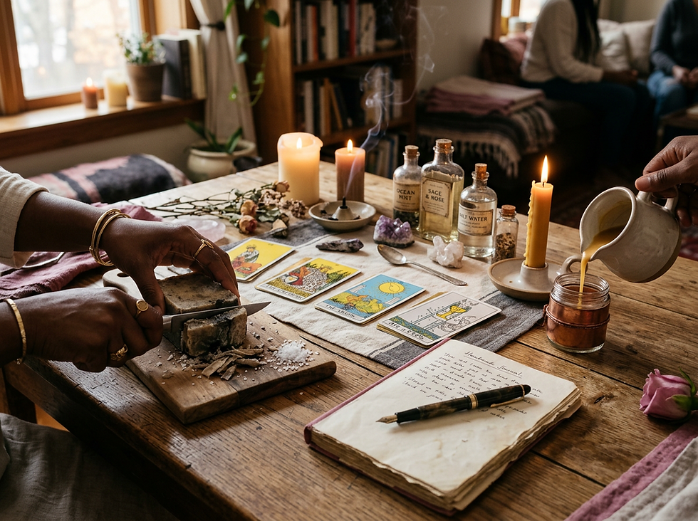 Eye-level view of tarot cards spread on a wooden table with soft candlelight