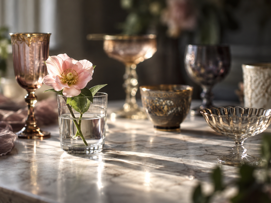 Pink flower in a glass of water on a marble table, surrounded by ornate goblets and cups in warm sunlight.