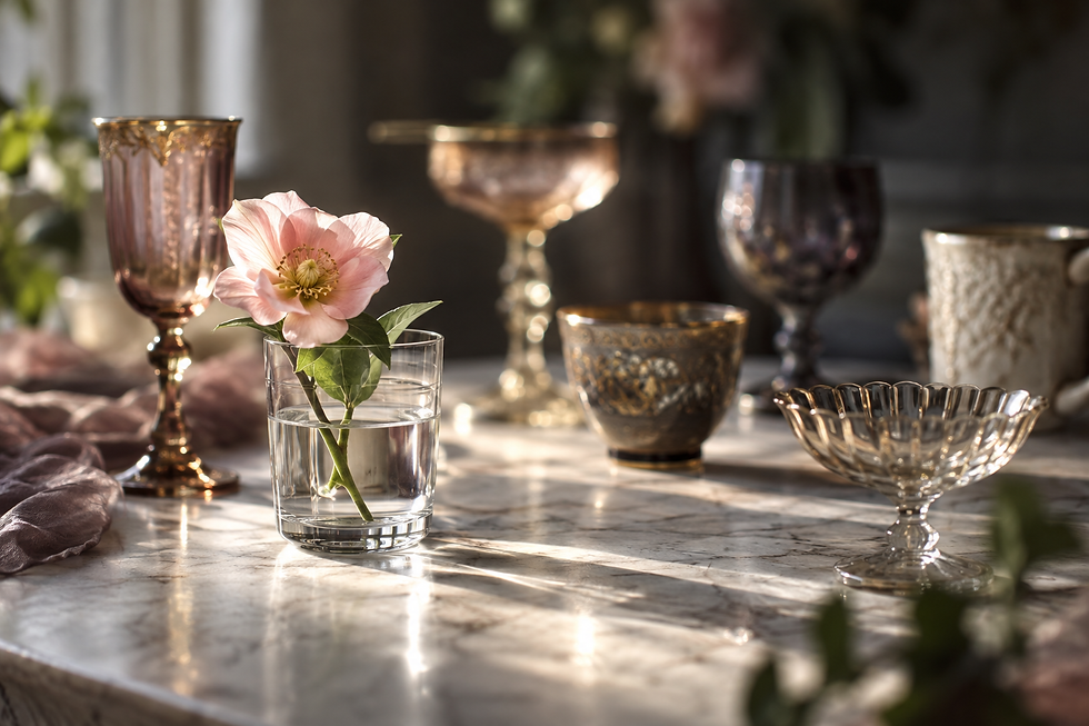 Pink flower in a glass of water on a marble table, surrounded by ornate goblets and cups in warm sunlight.