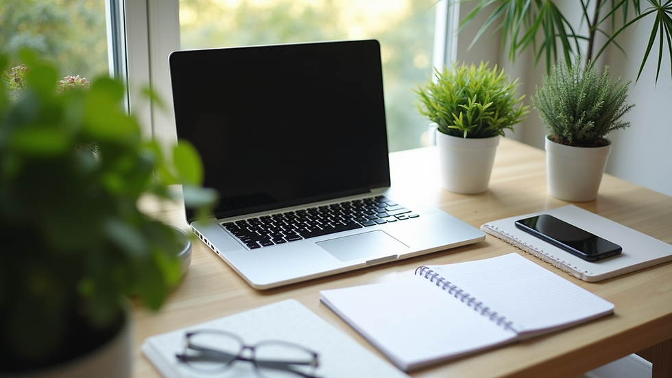 High angle view of a calm workspace with a laptop, plants, and a notebook