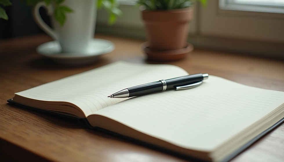 Eye-level view of a cosy workspace with a notebook and pen ready for notes
