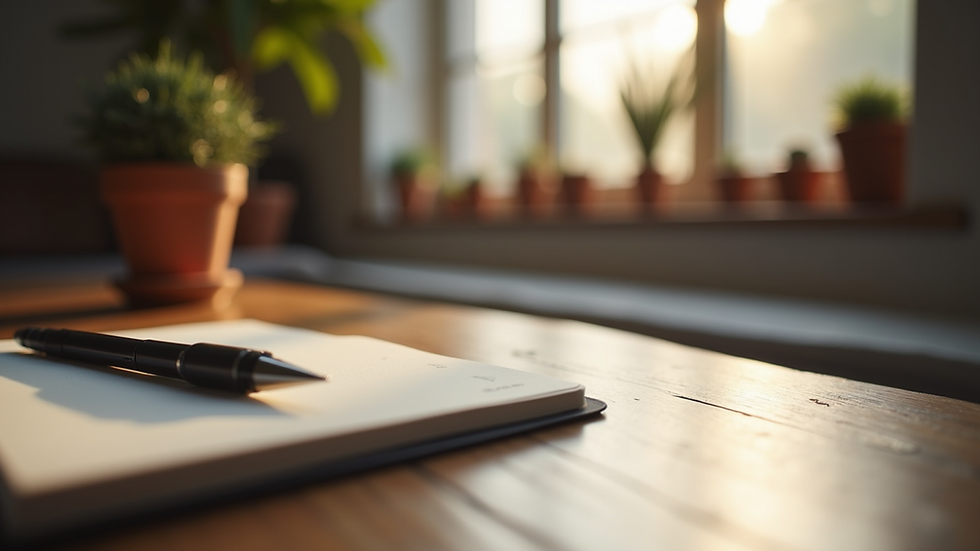 Eye-level view of a cozy workspace with a notebook and pen