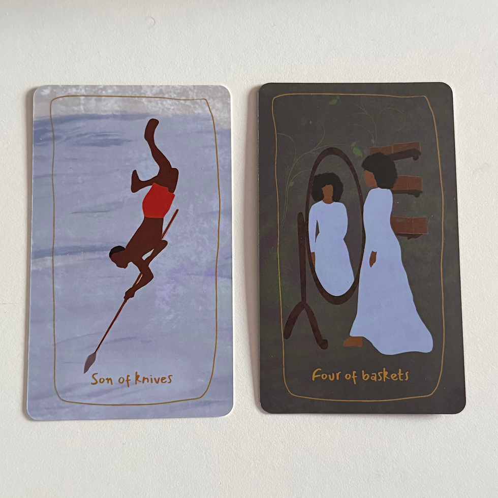 Two illustrated cards on a white wall: Son of Knives and Four of Baskets, each showing stylised figures with earthy tones.
