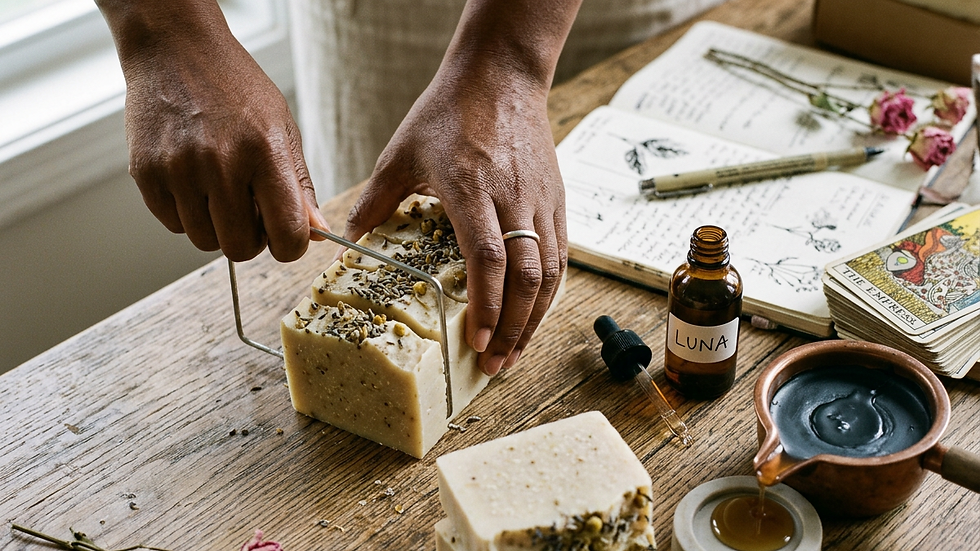 Close-up view of handmade soap bars with dried flowers on a rustic wooden surface