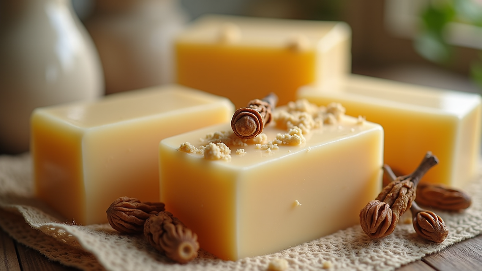 Close-up view of handmade soap bars with natural ingredients