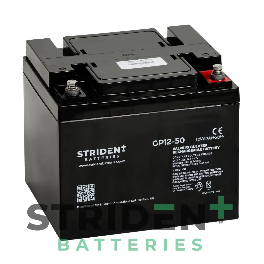 Black Strident Batteries GPI2-50 12V seal battery product with information and QR code.