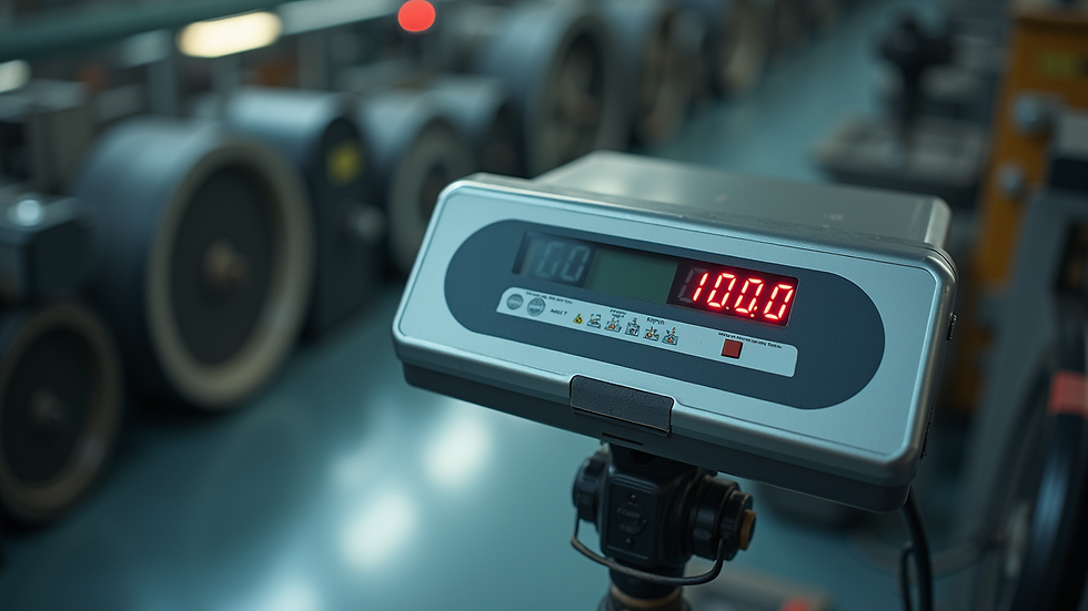 High angle view of industrial weighing scale with digital display