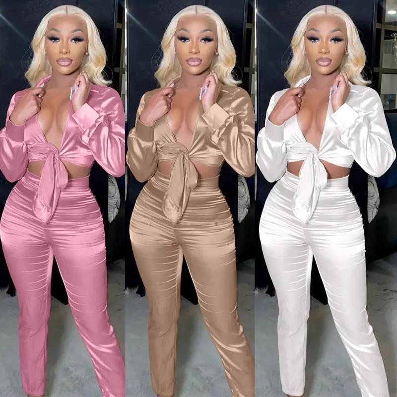 Sexy White Two Piece Set for Women Matching Sets Suit Satin Long Sleeve Tie Up C