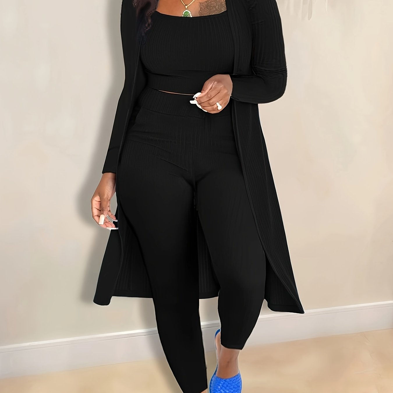 1 Three-Piece Set - Soft Ribbed Crew Neck Tank Top, Slim Fit Pants, and Long Sle