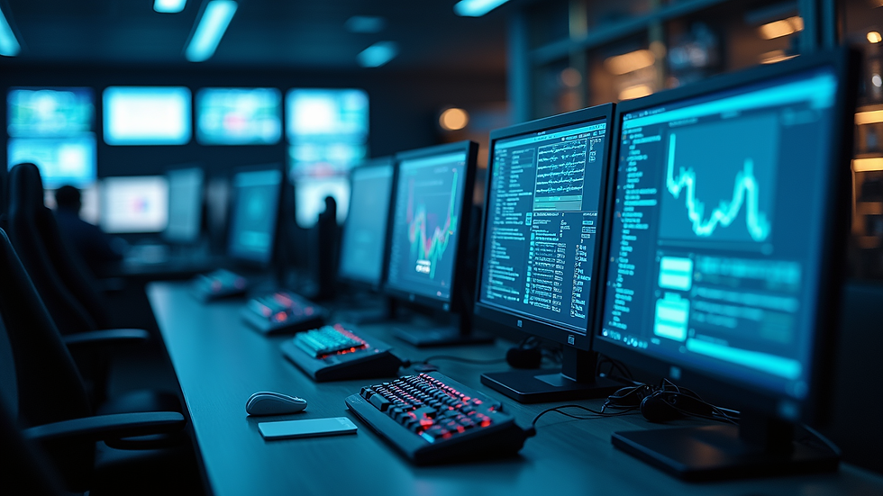 High angle view of a network operations center with multiple screens