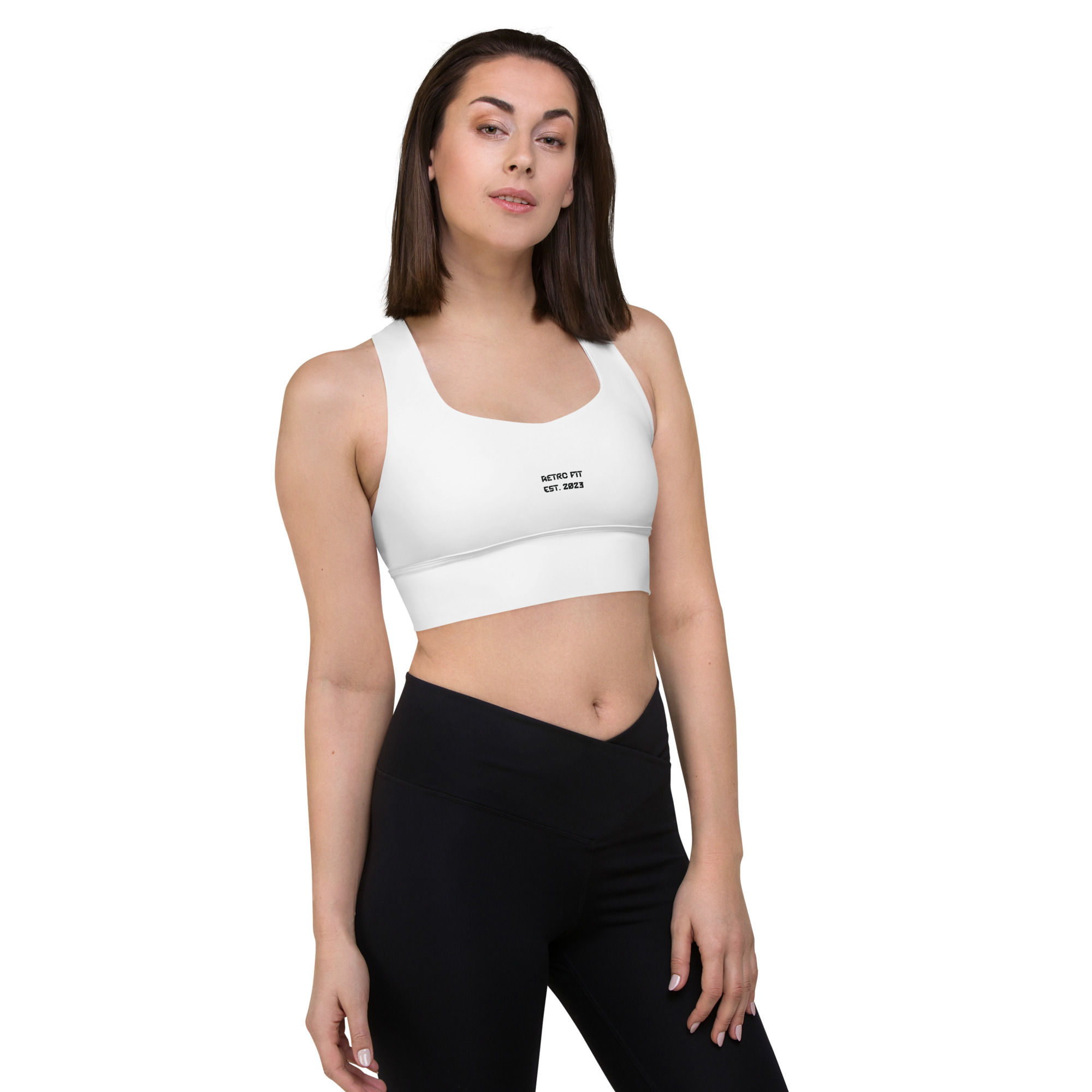 Essential Sports Bra - High Support, Comfortable, Versatile. The bra features black embroidered text reading "Retro Fit Est.