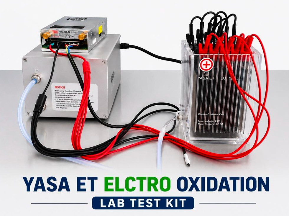 Figure 1. YASA electro-oxidation laboratory test system comprising a power unit, recirculation components, and a plate-electrode reactor. Photograph supplied by YASA Environmental Technology Co., Ltd.