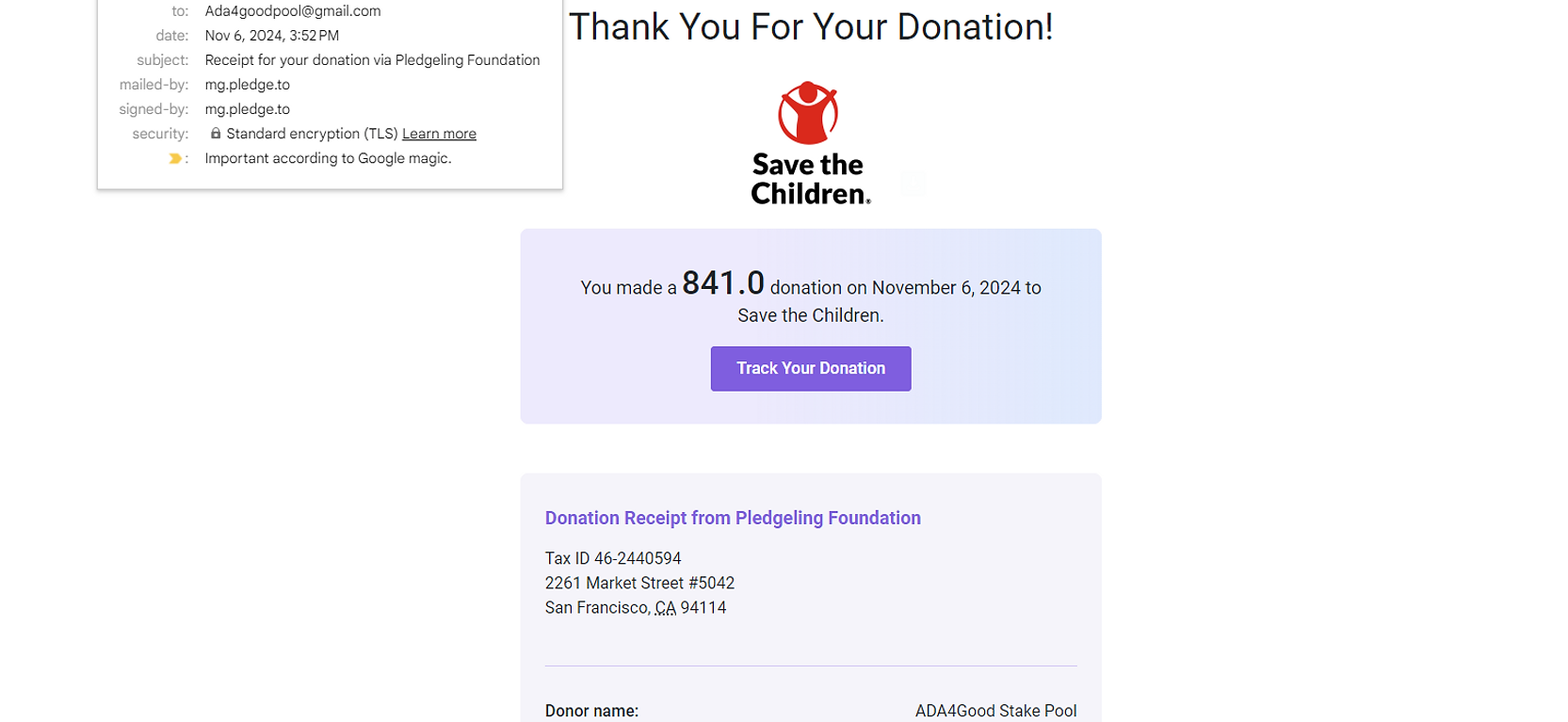 ADA4Good Cardano stake pool donation proof to Save the Children on 2024-11-06 for 841.0 ADA