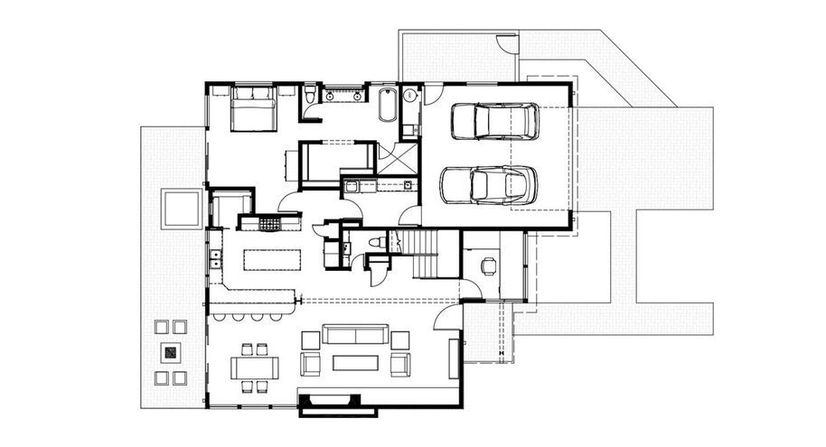 Modern home floor plan design, showcasing spacious living areas and two-car garage
