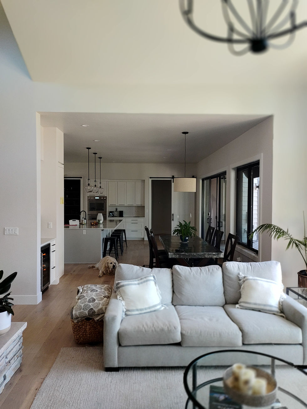 Open-concept living room with kitchen and dining area