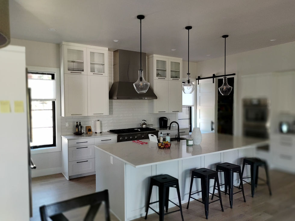 Modern kitchen island with white cabinets and black stools