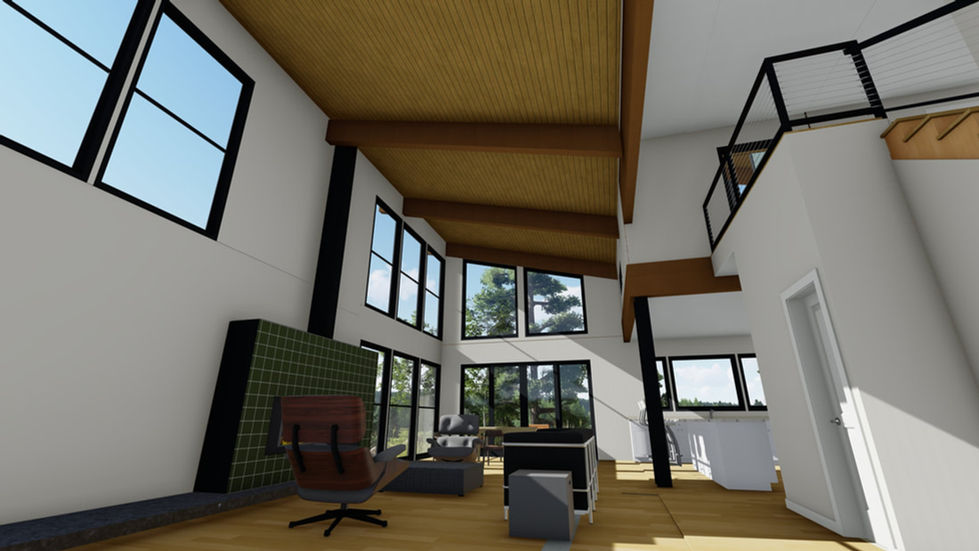 Modern home interior design with high ceilings and large windows