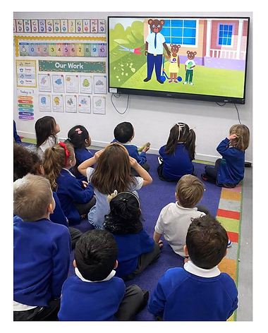 children in a Boss Bear workshop, watching The Boss Bear animation
