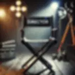 Director's chair with "DIRECTOR" text, surrounded by studio lights, camera, clapperboard, and film reels in a dimly lit setting.