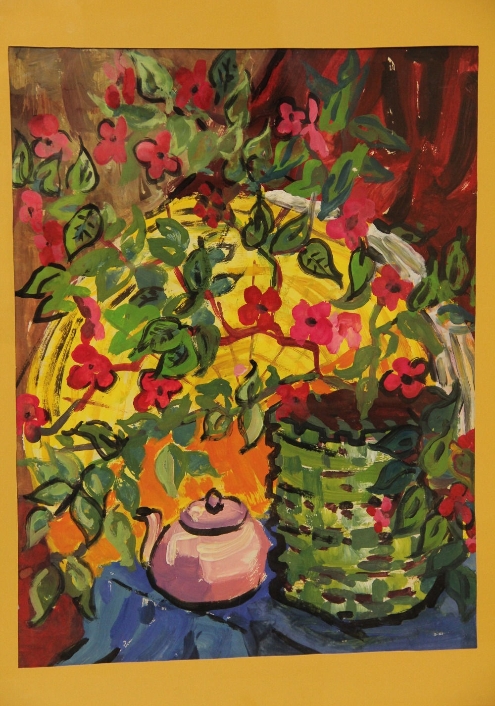 Myra Elias painting: Flowers, Basket and Teapot