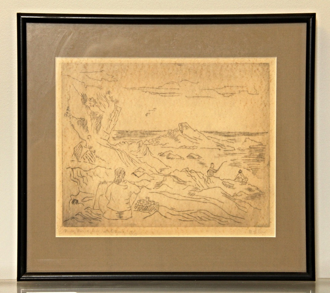 Maxim M. Elias etching: Myra, Maxie, Alix at Collioure