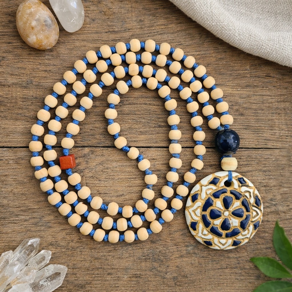Japamala de Contas Cherry com Mandala artesanal