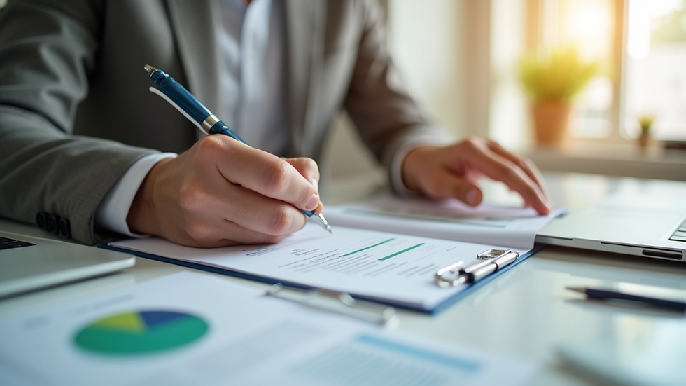 Close-up view of a home care agency owner reviewing client files in a bright office
