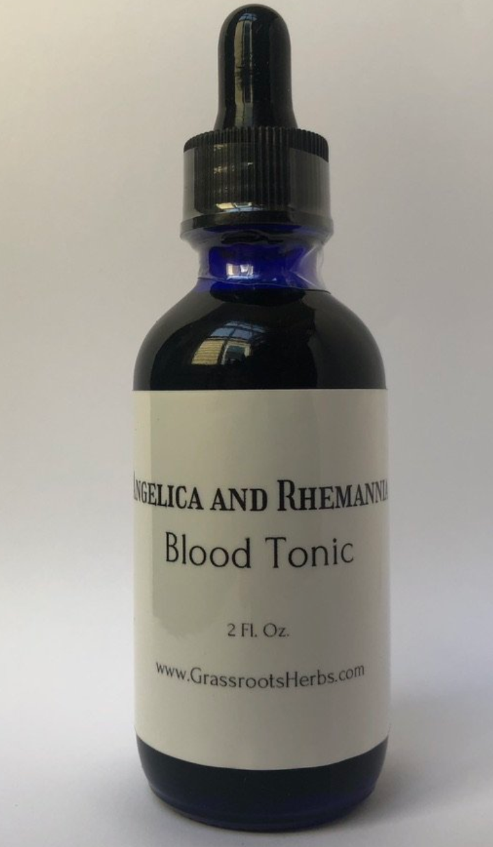 Glass tincture bottle of Blood Tonic herbal formula