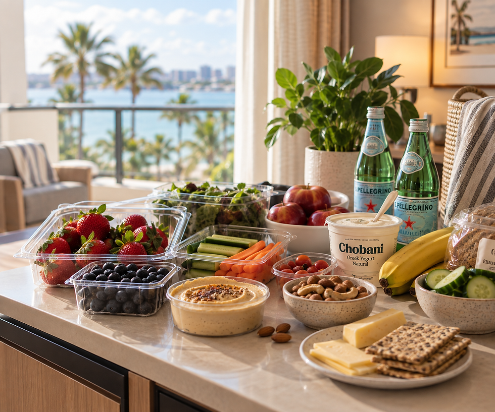Simple holiday groceries including fruit, vegetables, yoghurt, hummus, cheese and crackers in a hotel room
