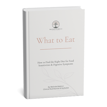 Cover of the What to Eat ebook by Belinda Babicci Natural Health about digestive symptoms and elimination diet support
