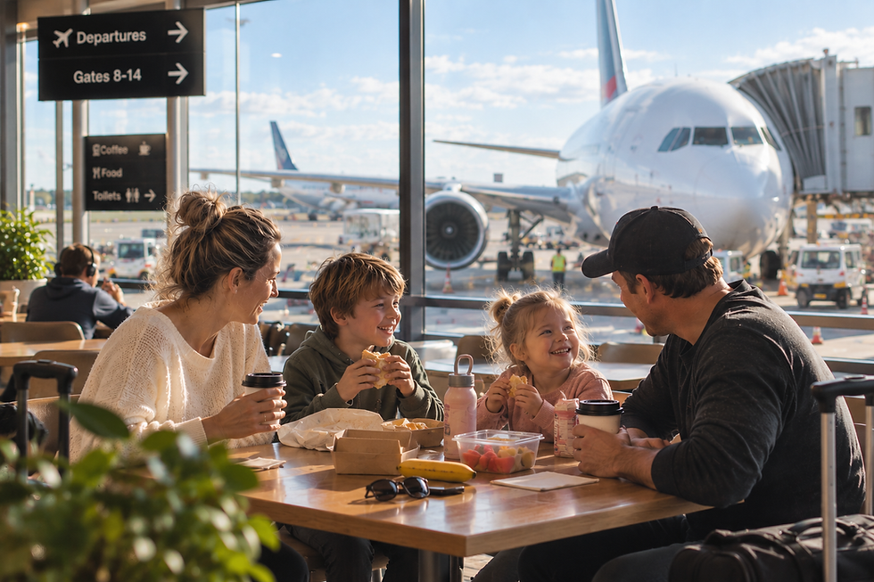Family enjoying a meal together at an airport before flying on holiday