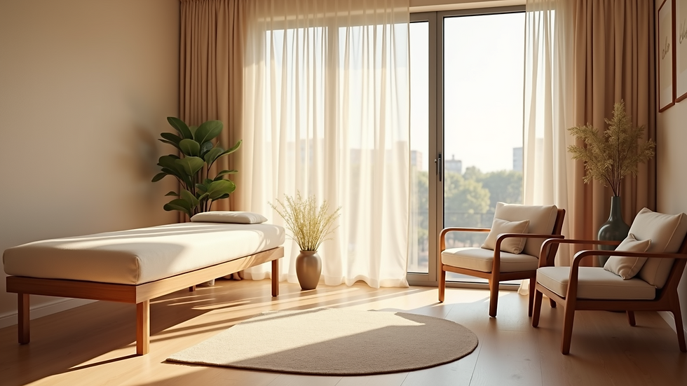 High angle view of a healing room with soft lighting and comfortable seating