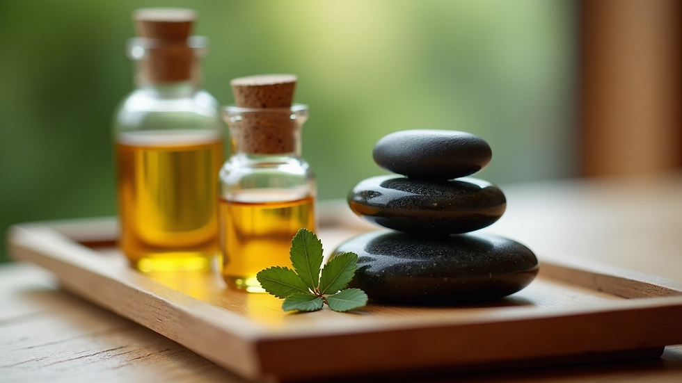 Close-up view of massage oils and stones arranged on a wooden tray