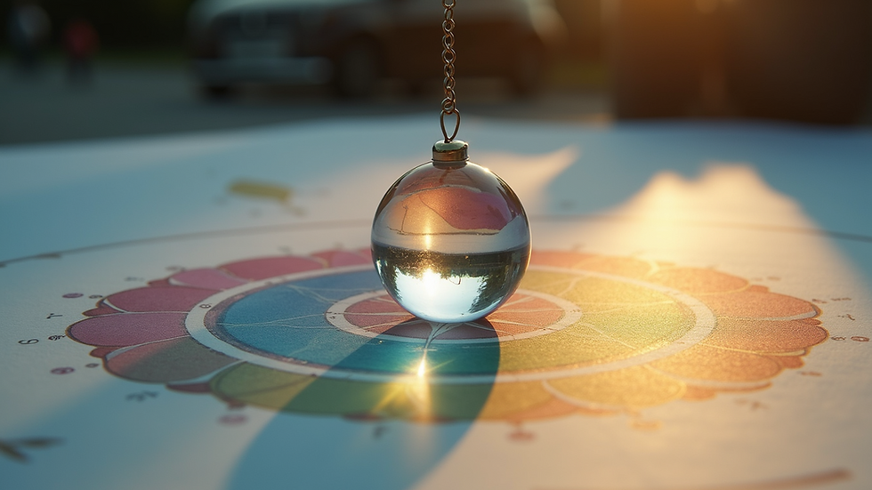 Close-up view of a crystal pendulum hovering over a chakra chart